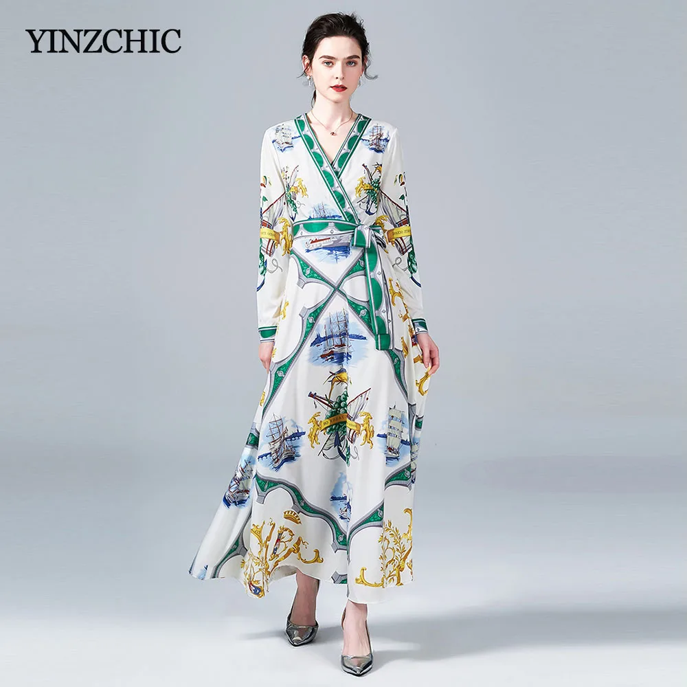 

Spring New Woman Maxi Loose Dress V-neck Ladies Loose Long Dress Vintage Print Sash Waisted Woman Party Dress OL Street Dress