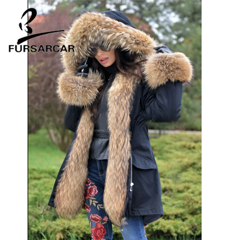 

FURSARCAR Luxury New Style Real Fur Coat Women Winter High Street Thick Warm Fur Black Parka With Raccoon Fur Trim Hood And Cuff