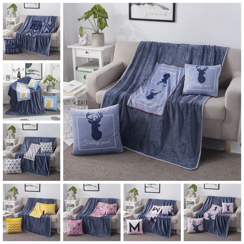 

2 in 1 Cotton Nordic Cartoon Deer Foldable Patchwork Soft Quilt Blanket Printed Square Home Office Car Throw Pillow Back Cushion