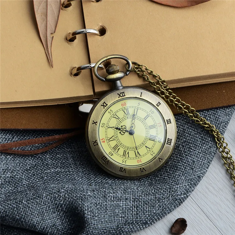 Unique Men Women Vintage Pocket Watch Roman Numerals Fob Watch 3 Dials Character Necklace Pendant Clock 3