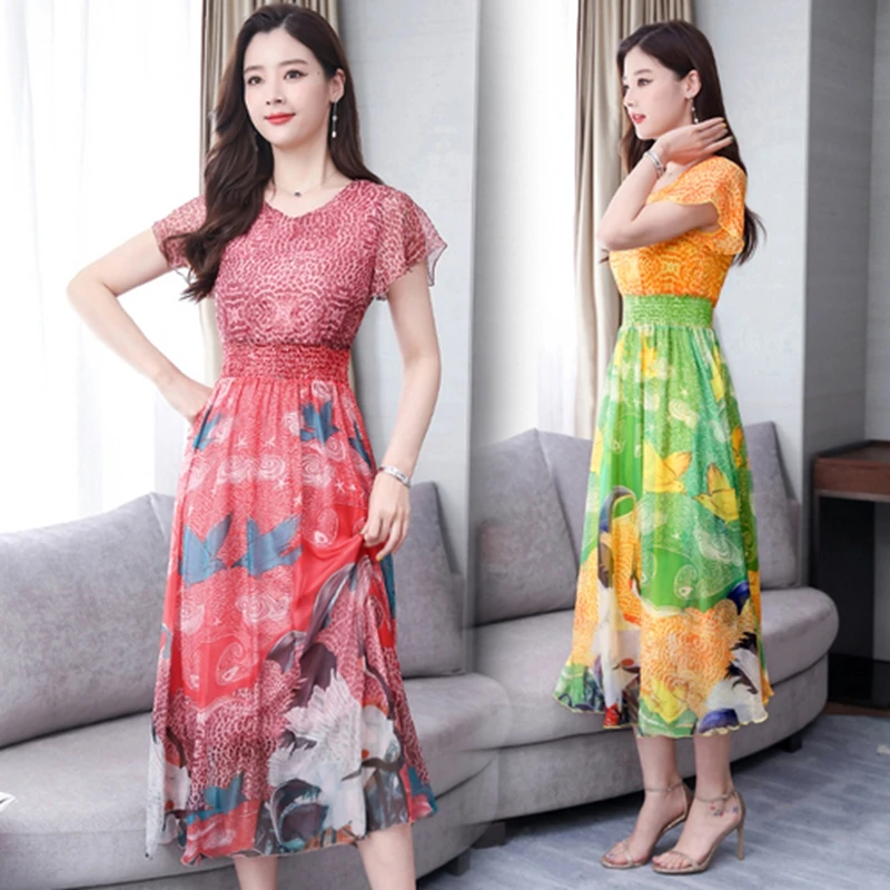 

Summer Bohemian Chiffon Dress Women Fashion V-neck Short Sleeve Print Boho Chiffon Dress Elegant Elastic Waist Long Party Dress