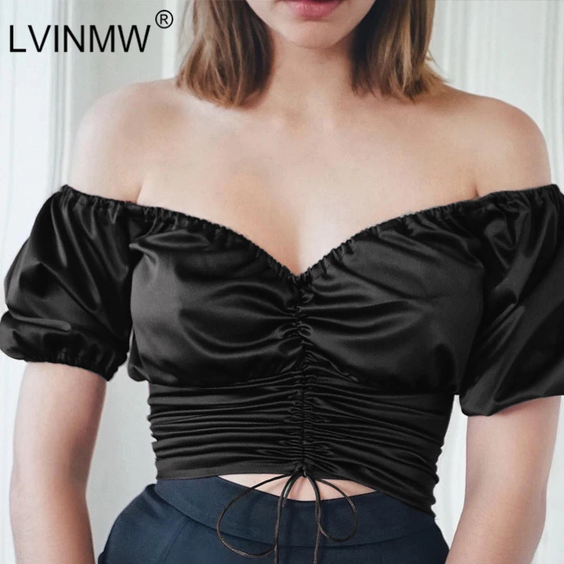 LVINMW сексуальный сплошной шнурок лук v-образным вырезом с пышными рукавами