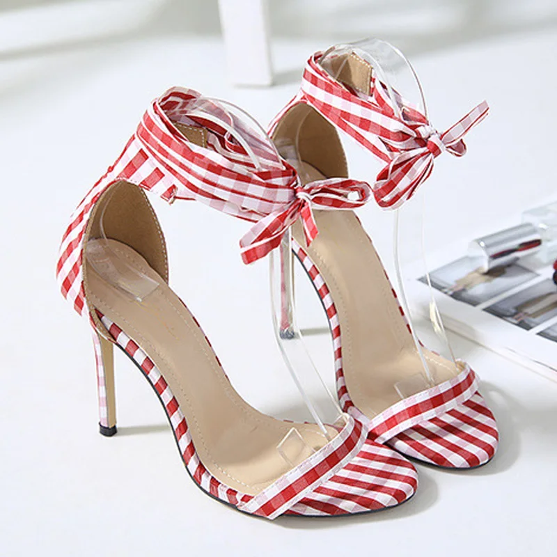 

Scottish Plaid High Heels Sandals Women Gladiator Summer Sandals Female Cross-Tied Ladies Shoes Ankle Strap Women Shoes Footwear