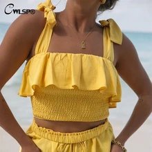 CWLSP 3 Colors Ruffle Summer Tube tops Stretch Beach Camis Sexy Crop top For Lady Lace up Short Tee camiseta feminina QL3842 eyelets lace up crop graphic tee