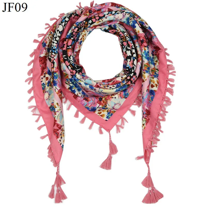 National style retro scarf pure cotton square scarf printed tassels