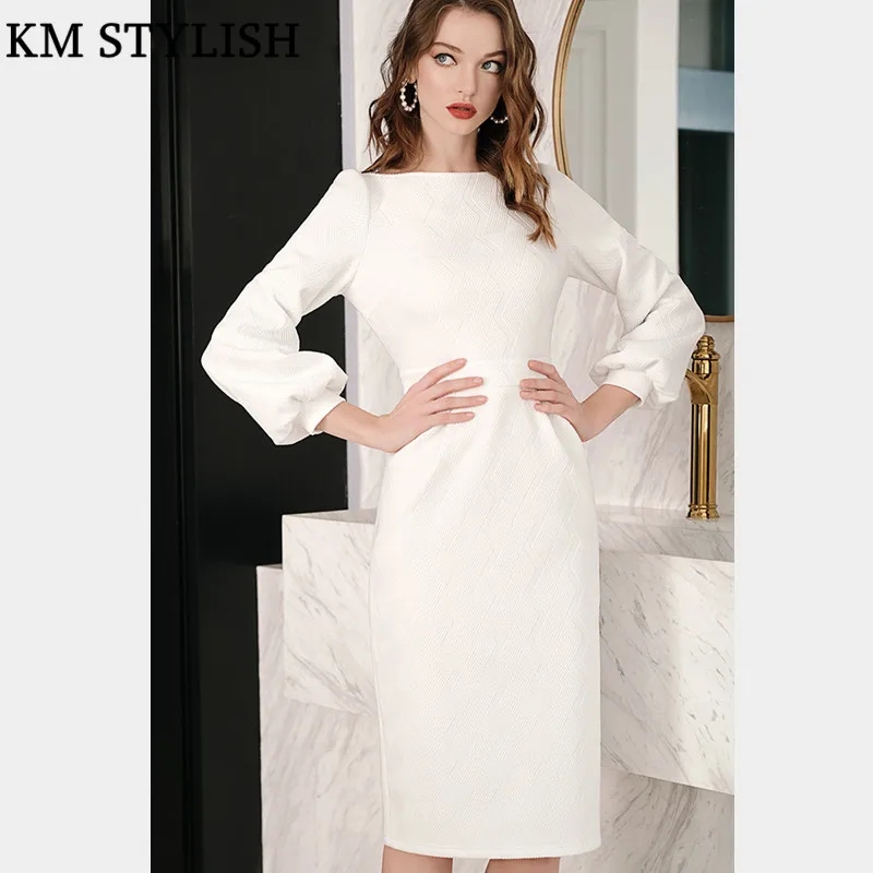 

2019 Spring New Elegant Women Sheath Hips White Slash neck One-piece Dress Fashion Lantern Sleeve Knee-Length Office Lady Dress