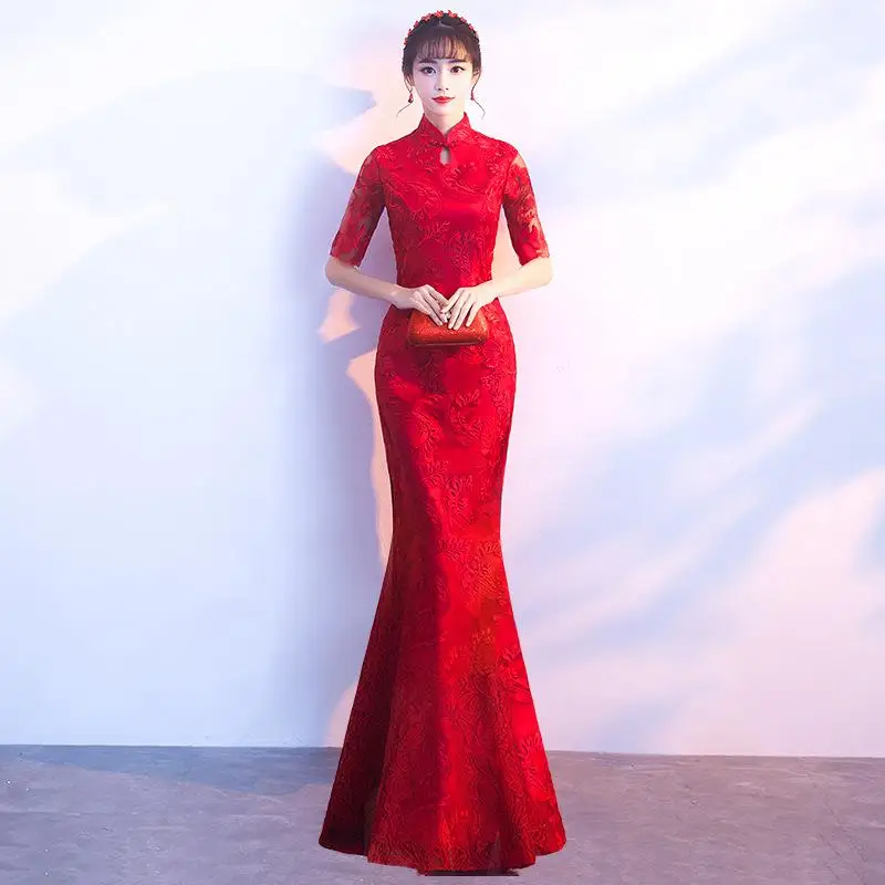 Традиционная Цветочная вышивка Мини Qipao Благородное женское сексуальное тонкое платье китайское винтажное кружевное свадебное платье Cheongsam Vestidos Z-1021 - Цвет: Red 1