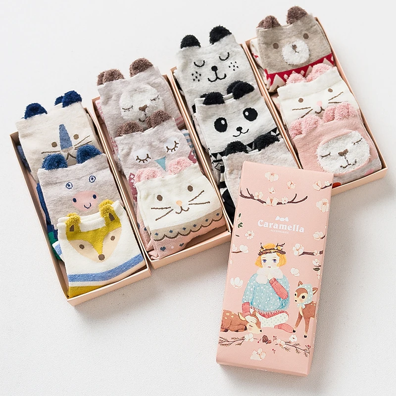 Gift box women autumn winter cute 3d ears cartoon animal cotton socks for woman fashion socks 3pairs/lot