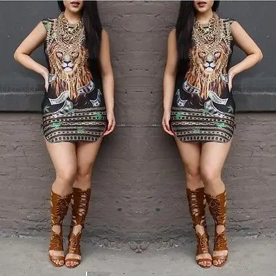 

2016 New Sexy Women Dresses Summer Clothing Retro Cap Sleeve Lion Head Print Mini Dress Plus Size S M L XL 2XL