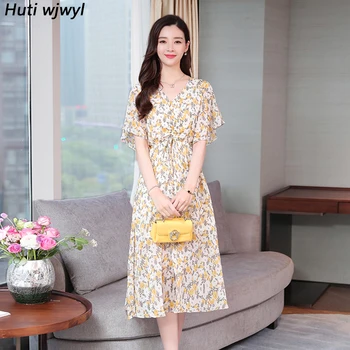 

2020 Korean Floral Chiffon Midi Dresses Summer Vintage Plus Size Print Beach Maxi Sundress Elegant Women Bodycon Party Vestidos