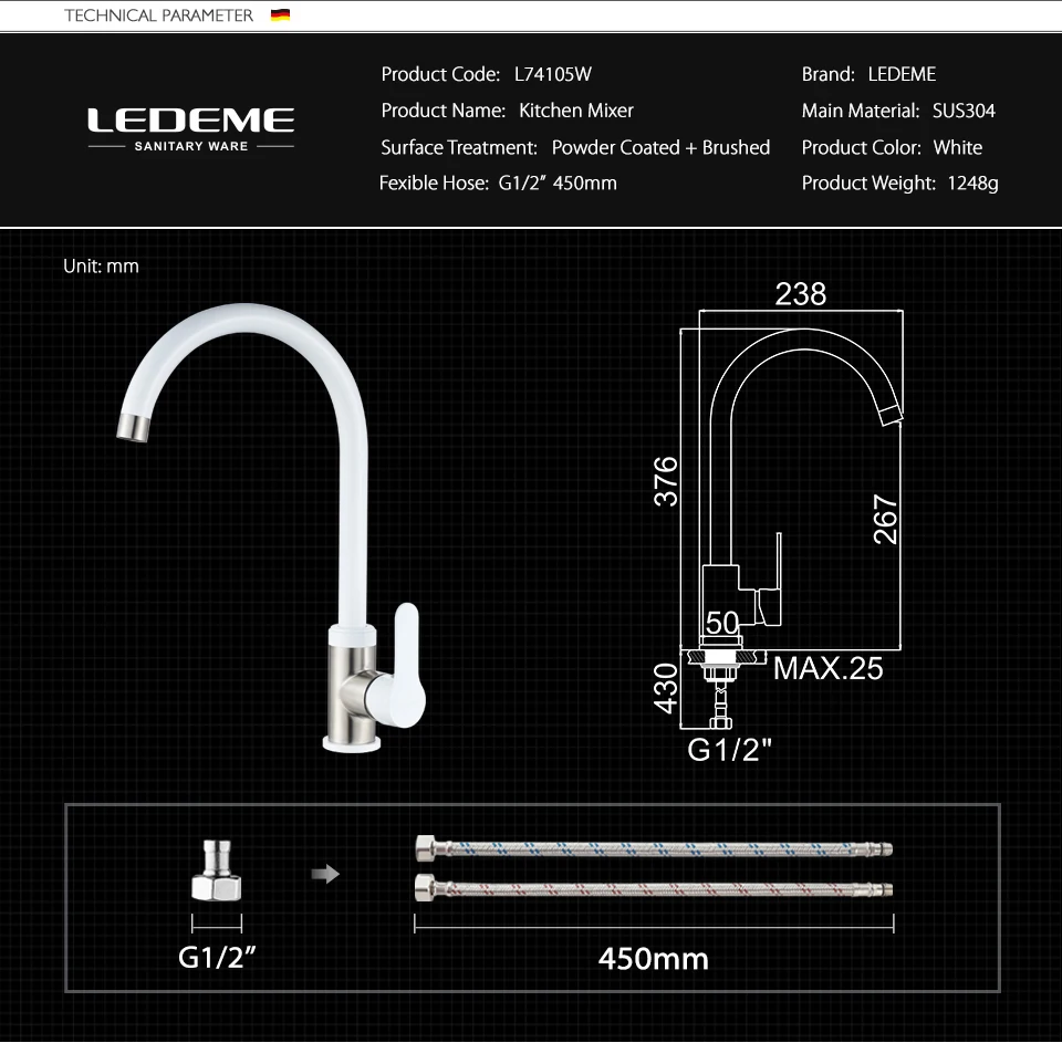 best kitchen faucets LEDEME Kitchen Faucet Stainless Steel Deck Mounted Kitchen Sink Mixer 360 Degree Rotation Single Hole White Faucets L74105W black kitchen tap