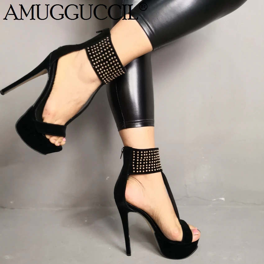 

2019 New Plus Big Size 35-52 Black Zip Fashion Sexy High Heel Platform Party Wedding Summer Female Women Lady Sandal L1063