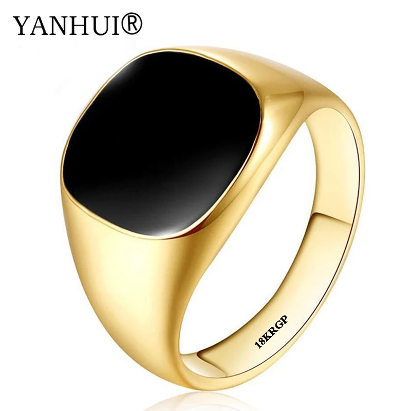 

YANHUI 100% Original Black Gem Stone Gold Color Wedding Rings For Lovers Size 7 8 9 10 11 12 New Fashion Men Jewelry 2018 LR0378
