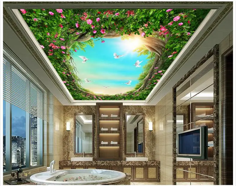 

Customized 3d photo wallpaper 3d ceiling wallpaper Forest fairy tale dove cane ceiling frescoes on the background wall flower