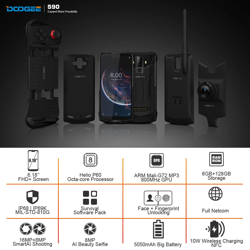 DOOGEE S90 модульный смартфон Helio P60 Восьмиядерный NFC 6,18 FHD+ Android 8,1 IP68/IP69K 6 ГБ 128 ГБ 16 МП камера 4G мобильный телефон