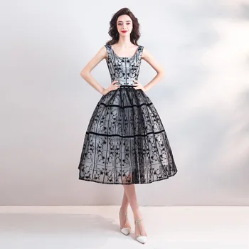 

2019 New Young Mom Black Short Sleeveless Round Neck Embroidered Lace Brief Tutu Dress