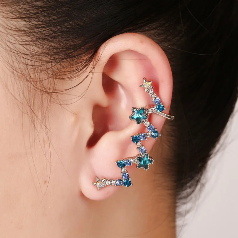 

Bohemian Women Party Gift Ear Cuff Full Rhinestone Filled Blue Crystal Star Earcuff Gold Silver Plated Clip Earrings