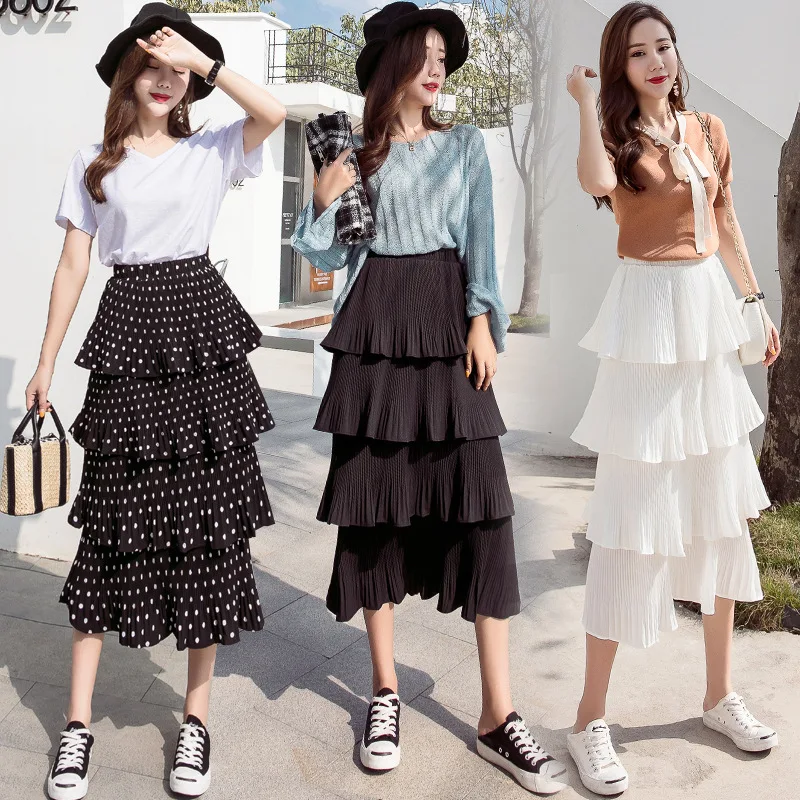 Women Skirt High Waist Midi Pleated Skirt Jupe Femme Korean Fashion Layered Casual Polka Dot Skirt Faldas Skirts Womens Clothing