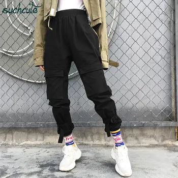 

SUCHCUTE Women's Pants Black Gothic Trousers Plus Size Ladies Breeches Cargo Pants For Tall Women High Waist Korean Style Female