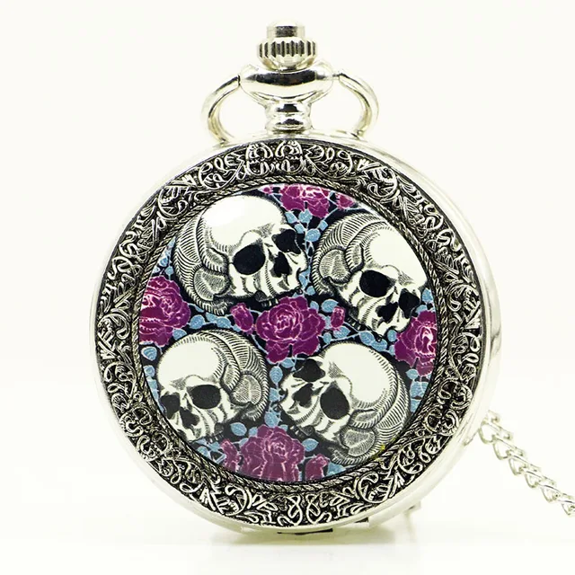 Hot Sale Free Shipping Retro Four Skull Heads & Rose Pocket Watch With Necklace Hot Sale Free Shipping Retro Four Skull Heads & Rose Pocket Watch With Necklace