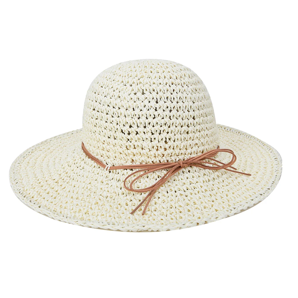 Fashion Summer Round Straw Rattan Sun Hat for Women Summer Beach Outdoor Bow Floppy Hat Folding Wide Brim Dome Sun Cap - Цвет: Бежевый