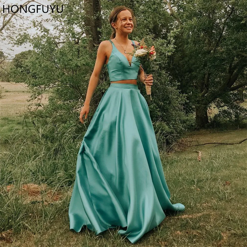 

HONGFUYU Two Pieces Long Evening Party Dress Satin V Neck robe de soiree Sleeveless Formal Prom Dresses Sweep Train Longo Simple