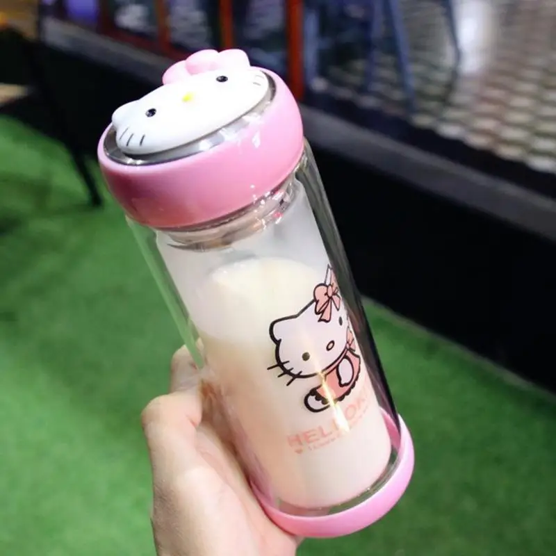 

200ml Double Wall Heat Resistant Hello Kitty Glass Water Water Bottle with Tea infuser