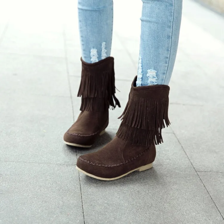 

Big Size 11 12 13 14 15 16 17 18 Suede round-headed flat-heeled fringed mid-boot sleeve short plush and calf snow boots