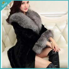 Новая мода элегантное женское роскошное зимнее меховое пальто высокого качества из искусственного лисьего меха большой меховой воротник Верхняя одежда куртка черные длинные топы