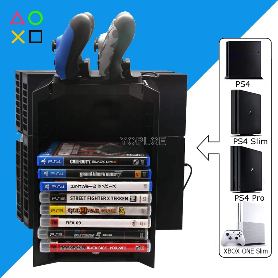 PS4/Slim/Pro вертикальная подставка+ башня для хранения игр+ 2 контроллера зарядная док-станция для sony Playstation 4 Play Station PS 4 аксессуары