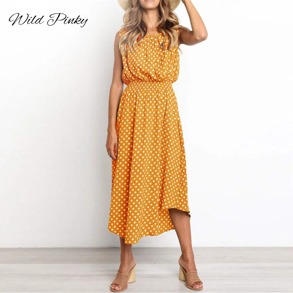 

WildPinky O-neck Tank Polka Dot Dress Women Sexy Summer Midi Dress 2019 Bohemian Casual Beach Dress Ladies Sundress Vestidos