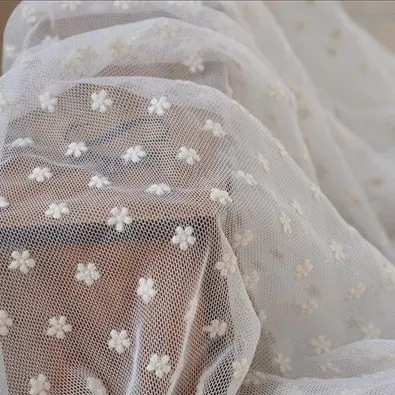 

Ivory Embroidered Bridal Lace Fabric Dot Gauze Wedding Gown Fabric