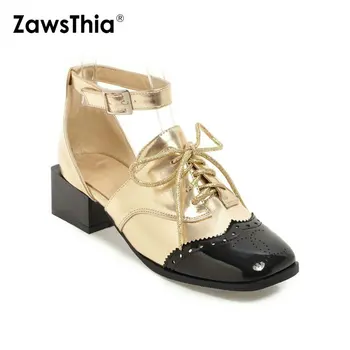 

ZawsThia Gold Silver Square Toe Chunky Med Heels Woman Pumps Two Pieces Punk Shoes Lace Up Buckle Strap Mary Janes Women Shoes