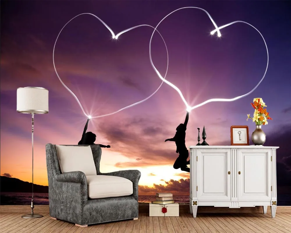 

Papel de pared Valentine's Day Two Heart night time romantic wallpaper,living room sofa TV wall bedroom cafe bar custom murals