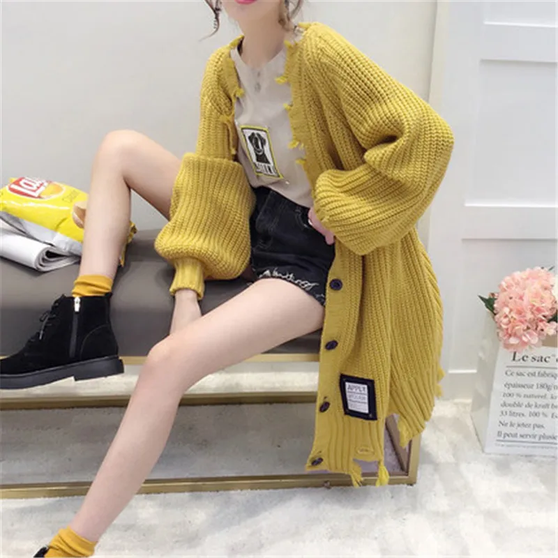 

Long Cardigan Female 2019 Autumn Winter Long Sleeve Solid Hole Cardigan Women Sweater Pockets Women Knitted Jacket Tops A1665