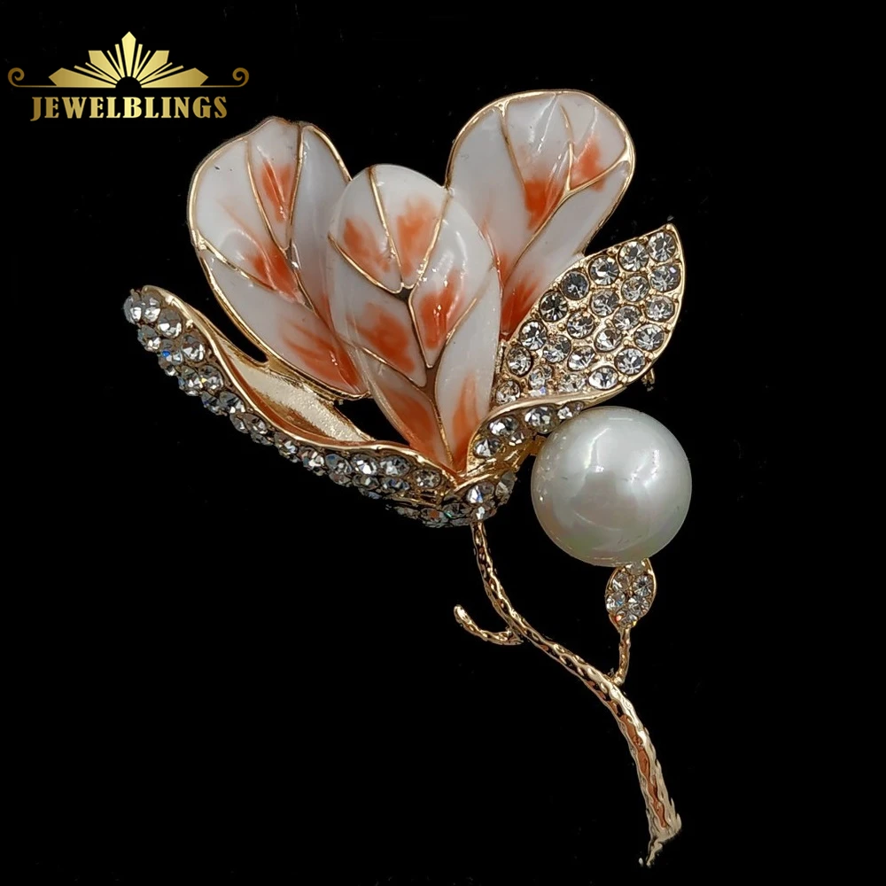 

Stunning Vintage Enamel Pink Kapok Bud Brooches Gold Tone Twig Branch Micro Pave Clear Crystal Leaf Orchid Flower Pins for Women