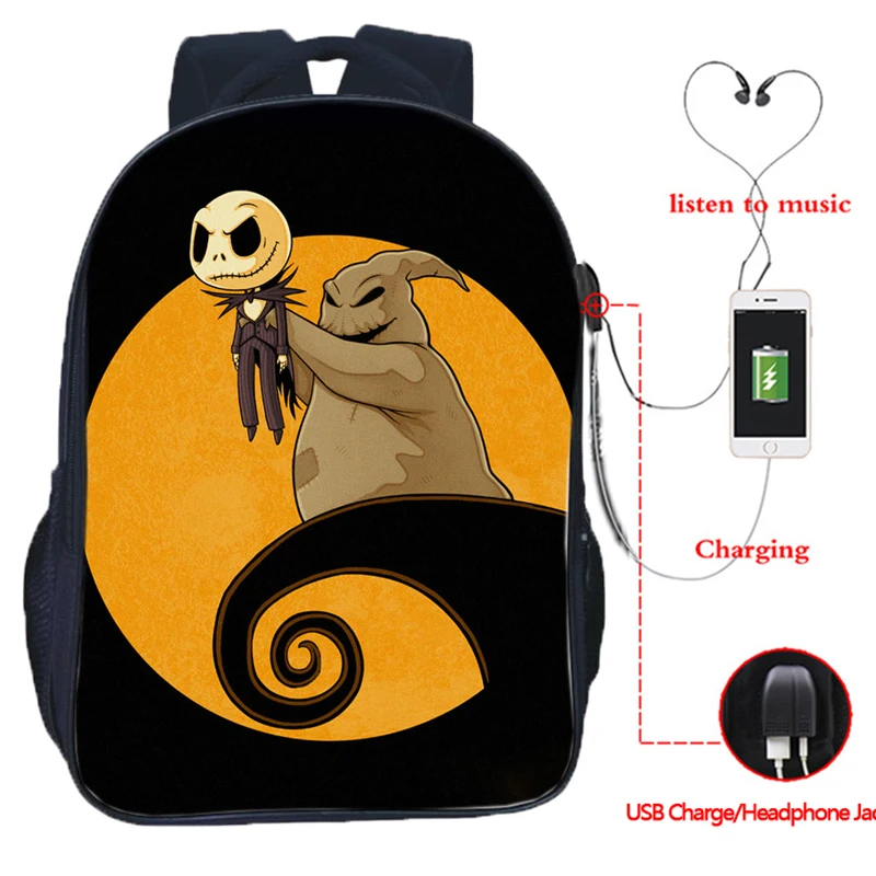 The Nightmare Before Christmas Backpack USB Charging Backpack Jack Skellington School Bag Backpacks Multifunctional Travel Bags - Цвет: 10