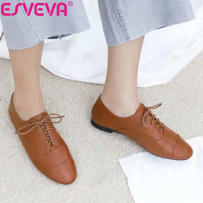

ESVEVA 2019 Women Flat Shoes Comfortable Square Toe Cover Heel Summer Shoes Casual Low Heels Shoes Lace Up Women Shoes 34-39