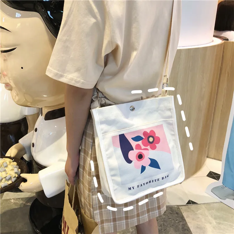 

Harajuku style flower printing canvas small square bag Japan shopping bags messenger bags small travel handbag