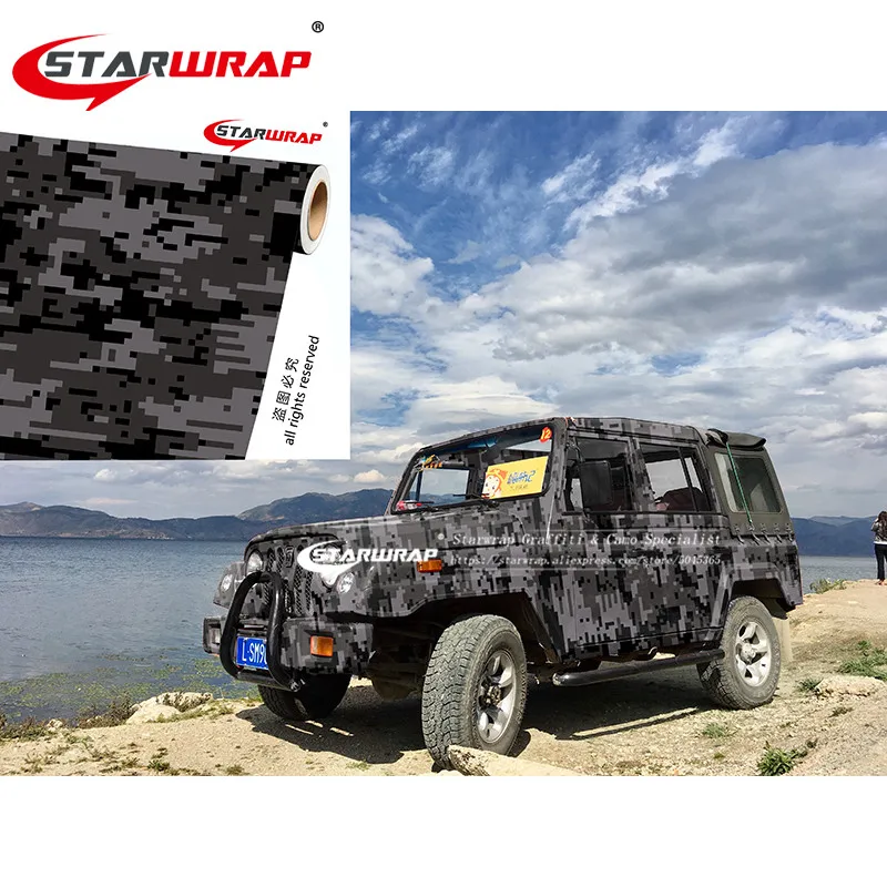 

Starwrap Black Grey Digital Vinyl Film Car Wrap Sticker With Air Bubble Free Motorcycle Car Pixel Camouflage Film Decal Wrapping