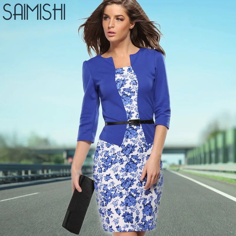 

Saimis Summer Dress Style Dresses Bodycon Women Sheath Sexy Office Lady Flower Patchwork Tunic Patchwork One Piece Dress