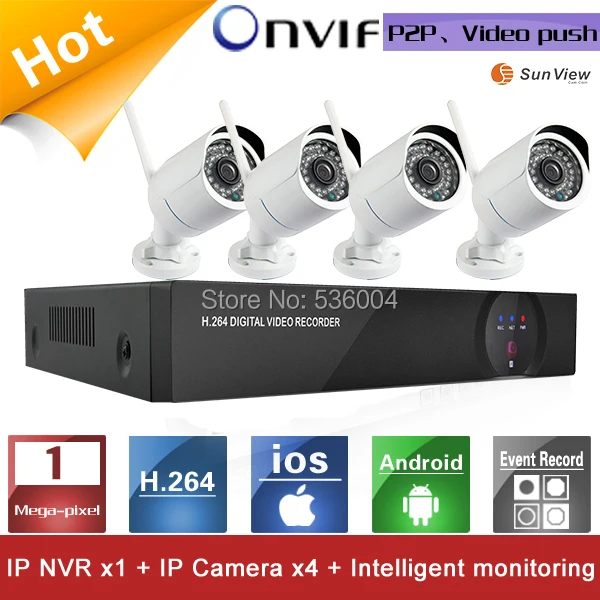 4ch NVR KIT 720P 1.0mp Wireless wifi IP Camera outdoor P2P Home alarm video push motion sensor CCTV Security Surveillance system |