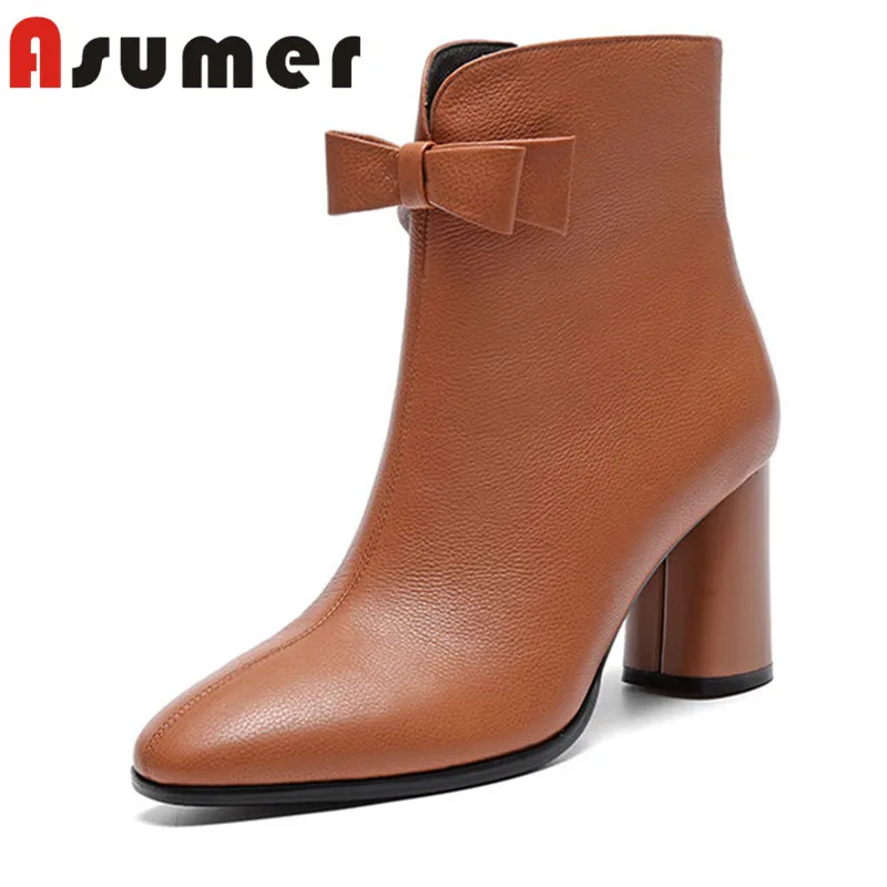 

ASUMER 2018 FASHION bowknot zip high heels boots simple round toe ankle boots for women strange heels genuine leather boots