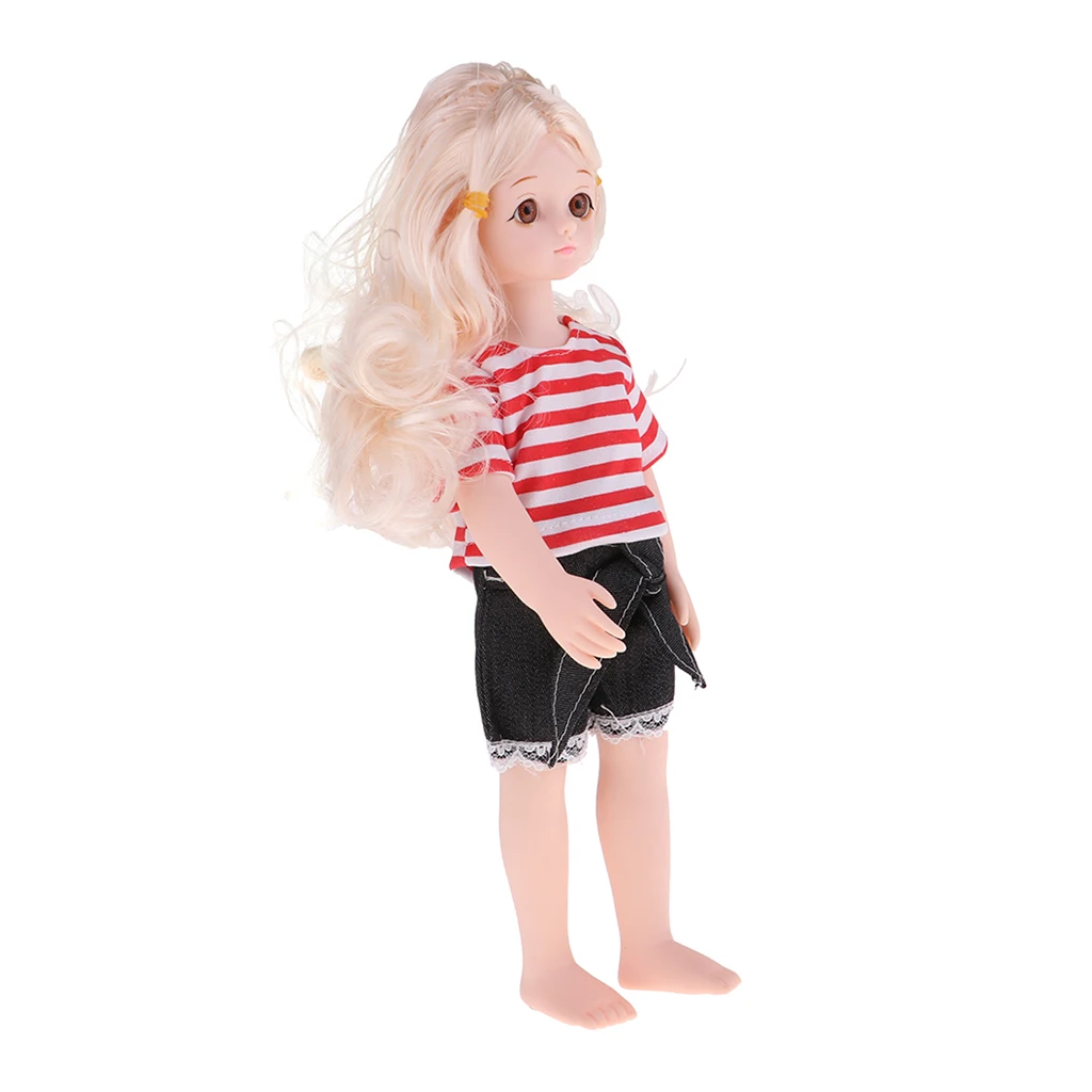 Lovely 14inch Soft Vinyl Flexible Jointed Doll Princess Girl Doll Blonde Hair Glass Eyes in Striped T-shirt and Short Pants