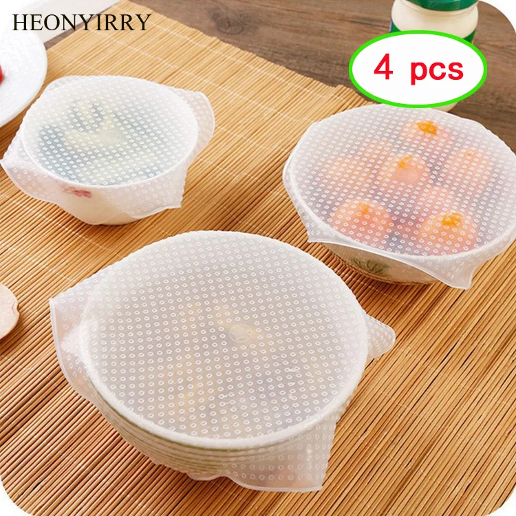 

4pcs Food Fresh Keeping Saran Wrap Kitchen Tools Reusable High Stretch Silicone Fruit Wraps Seal Vacuum Cover Stretch Lid