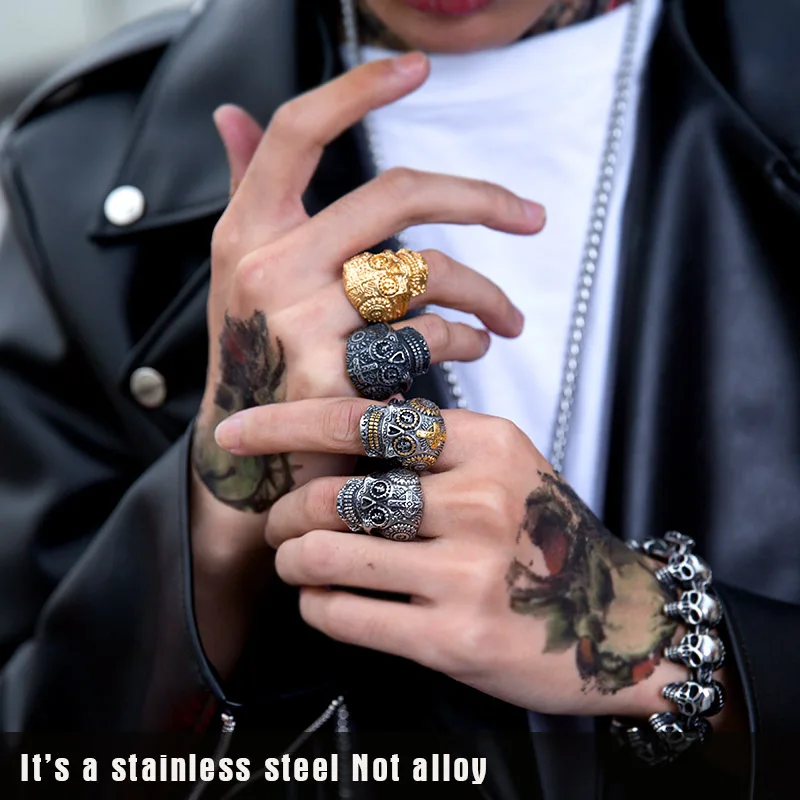Stainless Steel Gothic Gold Color Carving kapala skull Ring for men BR8-327 gold color rings,stainless steel ring,finger ring,gold color ring