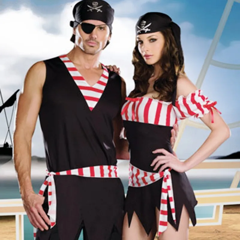 Хэллоуин мужчины или женщины взрослые пары влюбленных костюмы карибских пиратов женское нарядное платье униформа красная полоса ведьмы костюм для косплея дьявол