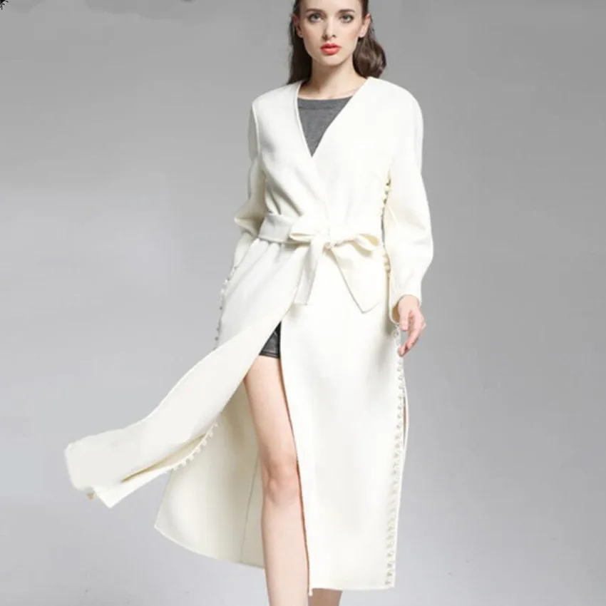 

2019 winter fashion women long white pearl warm coat ladies Double-sided wool cashmere cardigans overcoats