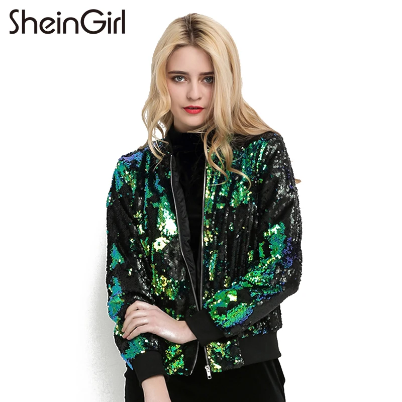 SheInGirl Autumn Sequin Coat Women Green Bomber Jacket Long Sleeve Zipper Jacket Preppy Style