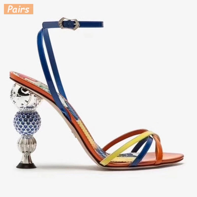 

Chic Mix Color Strange Heel Studded Ball Rhinestone Women Shoes Open Toe Sexy Narrow Wrap Sandales Luxury Jewel High Pumps